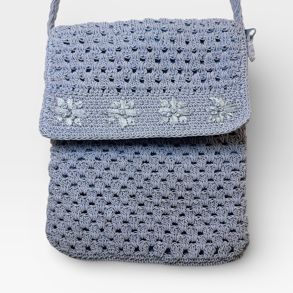 Carlo D’Santi Crochet Knit Baby Blue Floral Crossbody Bag Purse Vintage Y2K - Picture 1 of 5